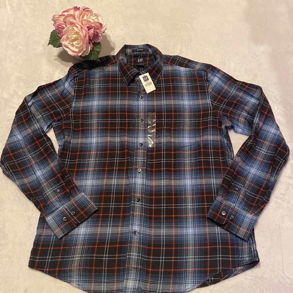 NWT GAP Size Large Fitted Plaid Button Down Shirt 100% Cotton - Picture 1 of 6